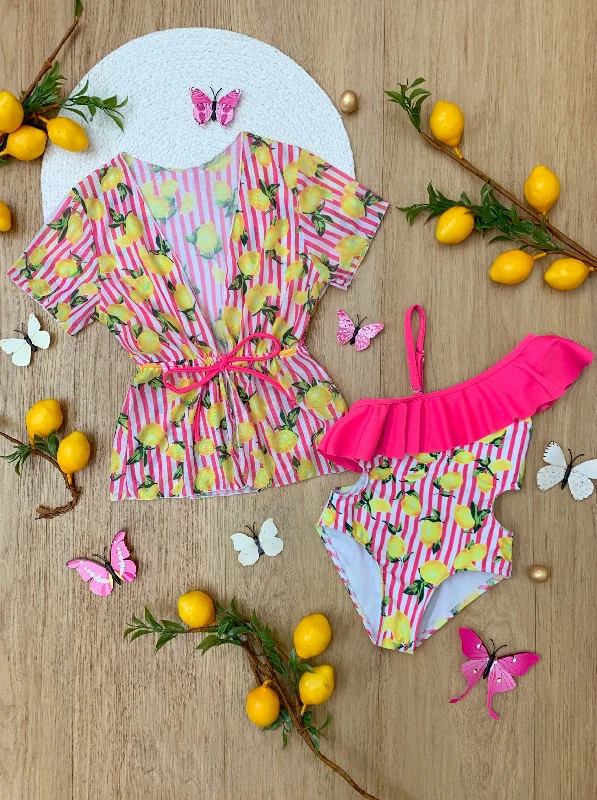 Squeeze The Day Lemon Print Striped Swimsuit Set