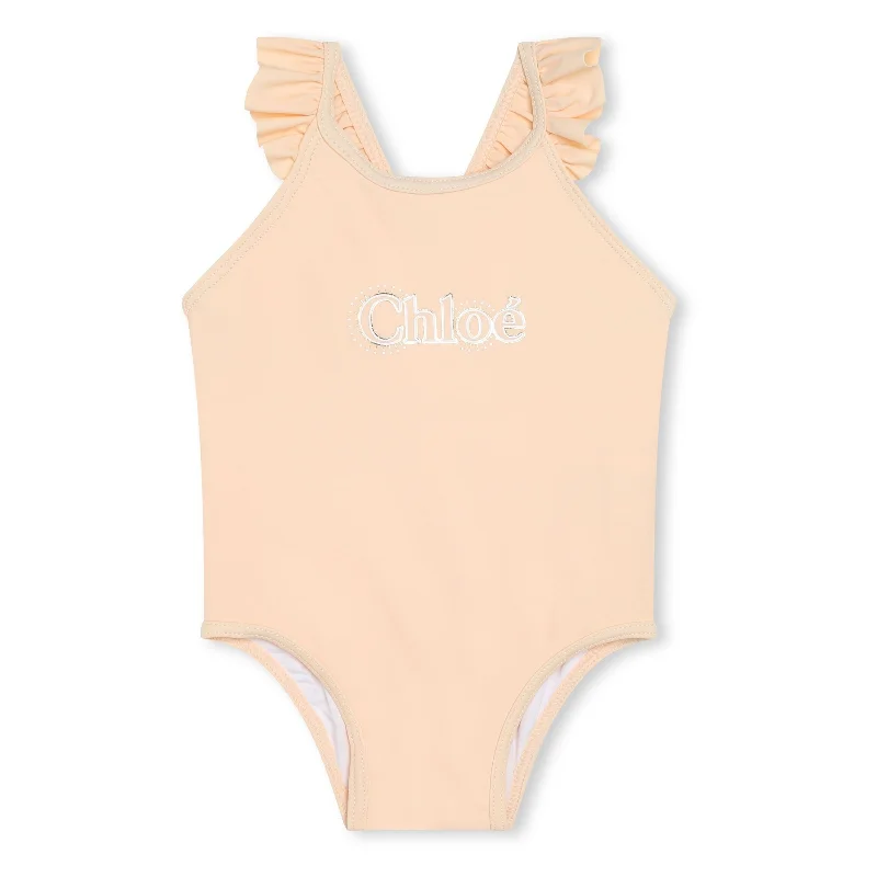 Orange Logo Embroidered Ruffled Swimsuit