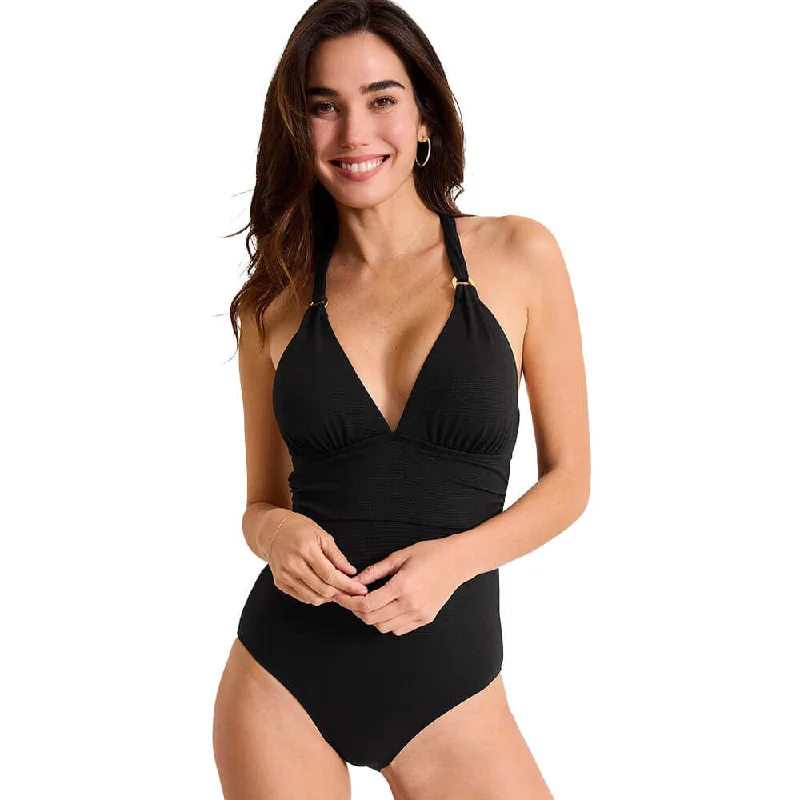 Tommy Bahama Womens Island Cays Gold Ring One Piece Swimsuit - Black