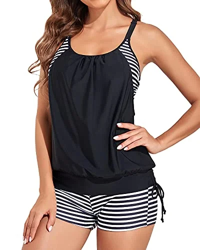 Blouson Tankini Swimsuit For Women Two Piece Tummy Control Bathing Suits-Black And White Stripe